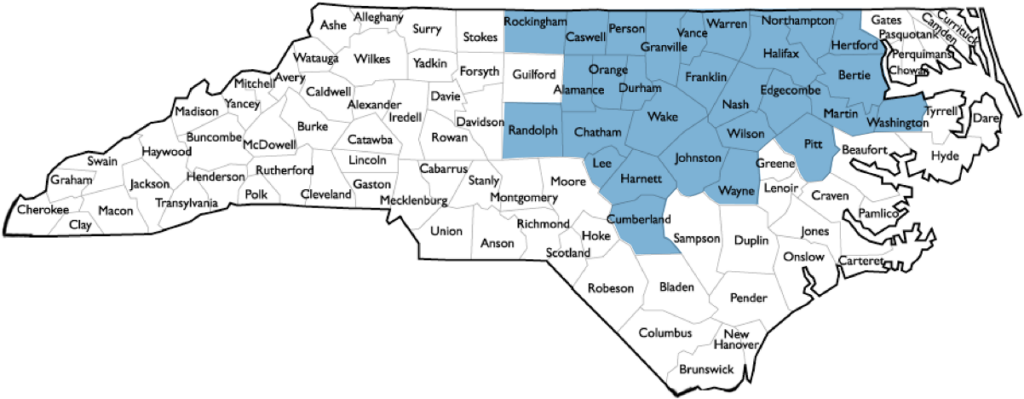 Counties: Alamance, Bertie, Caswell, Chatham, Cumberland, Durham, Edgecombe, Franklin, Granville, Halifax, Harnett, Hertford, Johnston, Lee, Martin, Nash, Northampton, Orange, Person, Pitt, Randolph, Rockingham, Vance, Wake, Warren, Washington, Wayne, and Wilson

